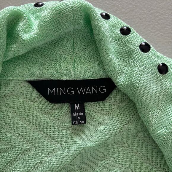 Ming Wang Cardigan Women Size Medium Green Embossed Geometric Studded Open Front - Picture 4 of 14